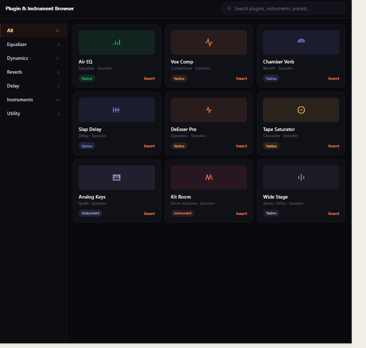 SonoArc DAW plugin and instrument browser