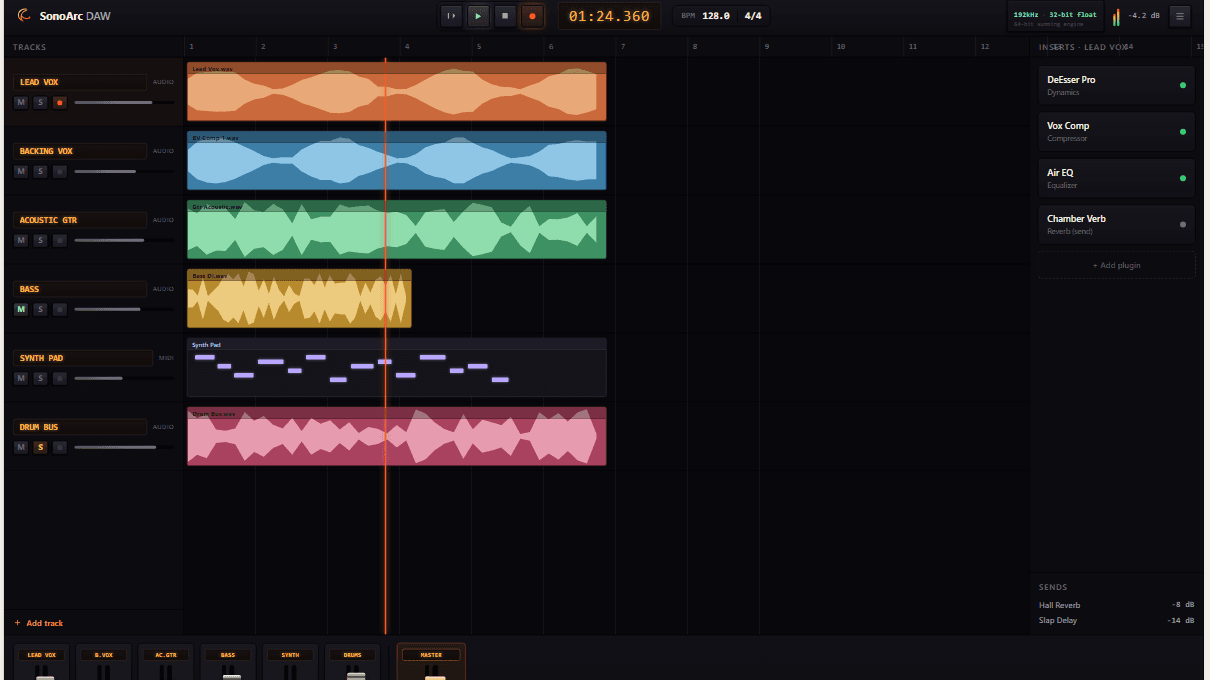 SonoArc DAW multitrack timeline with waveforms, MIDI, and plugin rack
